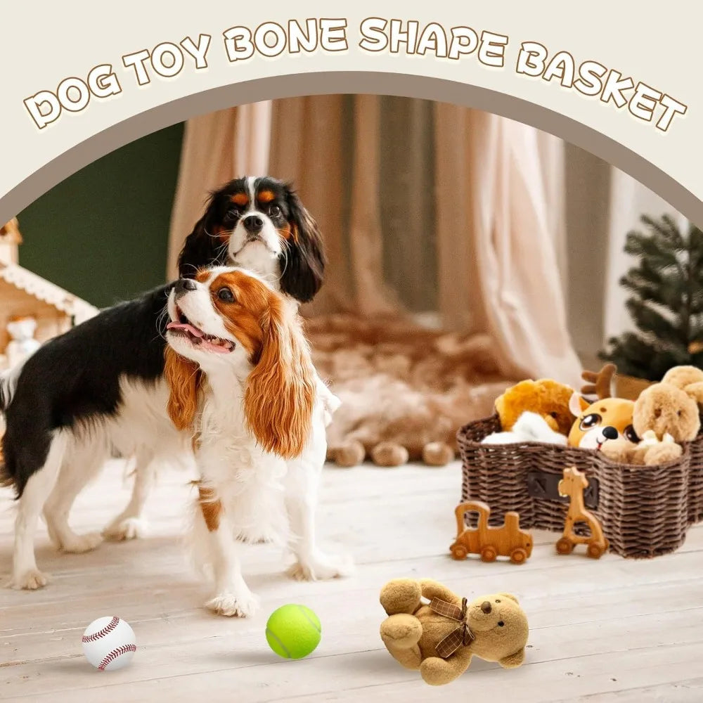 Bone Shaped Dog Toy Basket With Lid Natural Wicker Organizer