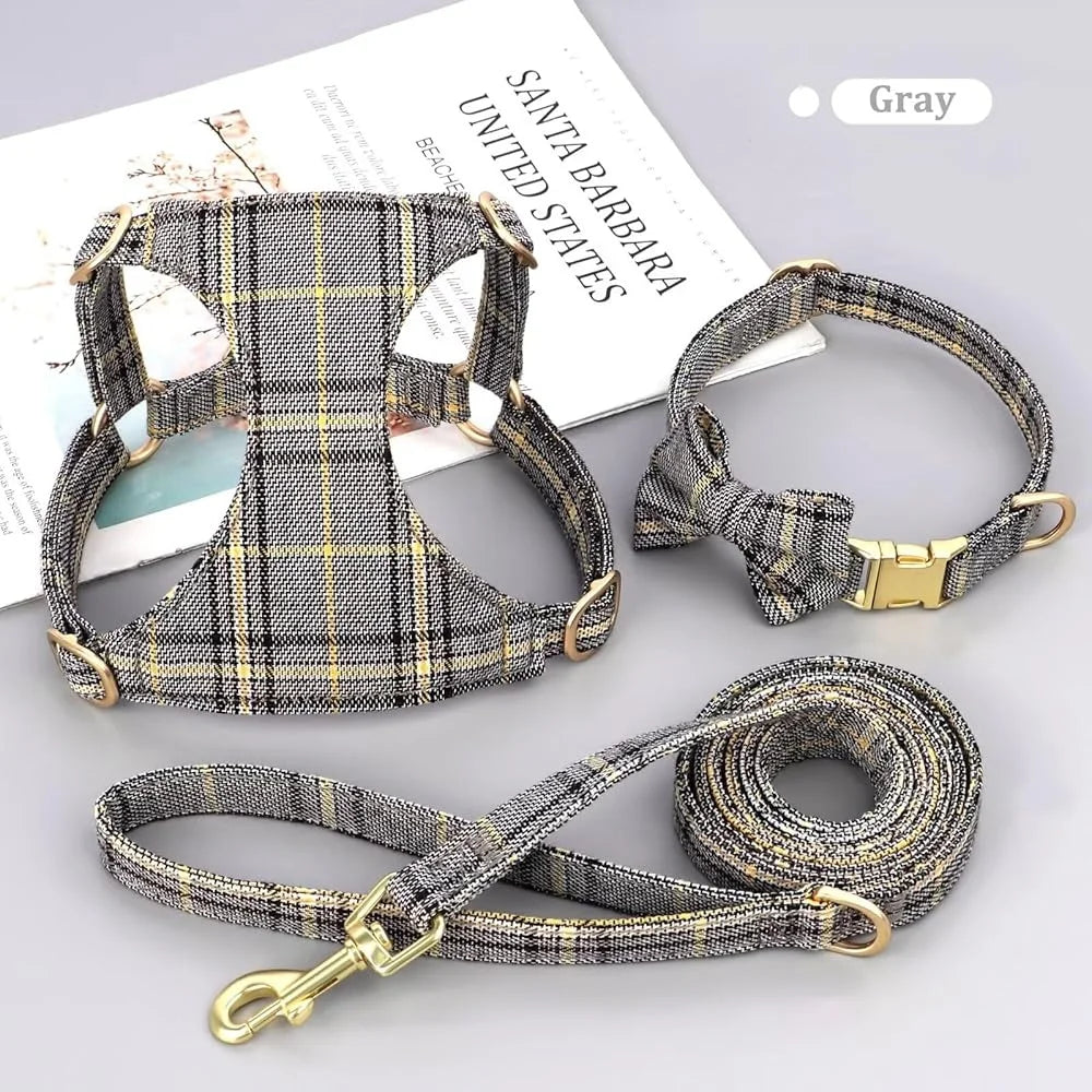 Fujian Cute Small Dog Harness Set Plaid Leash Bowtie