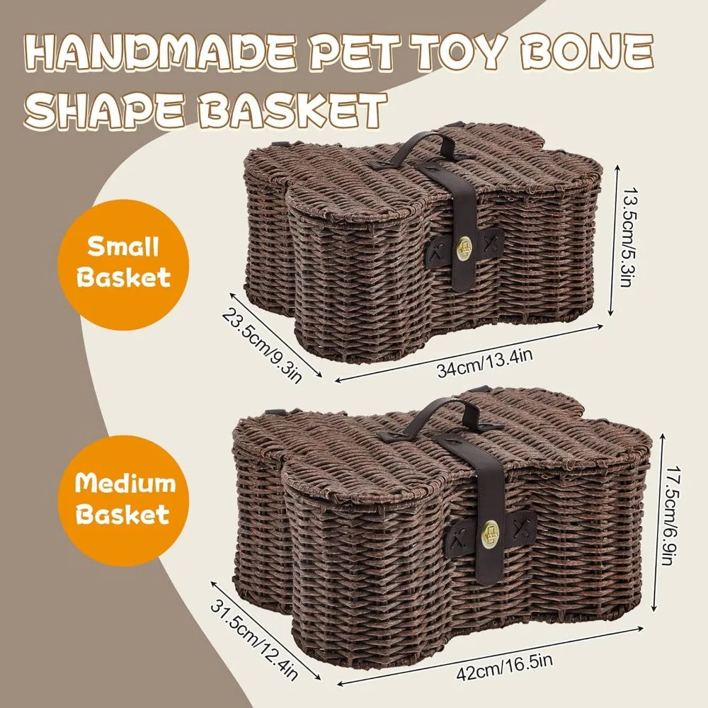 Bone Shaped Dog Toy Basket With Lid Natural Wicker Organizer