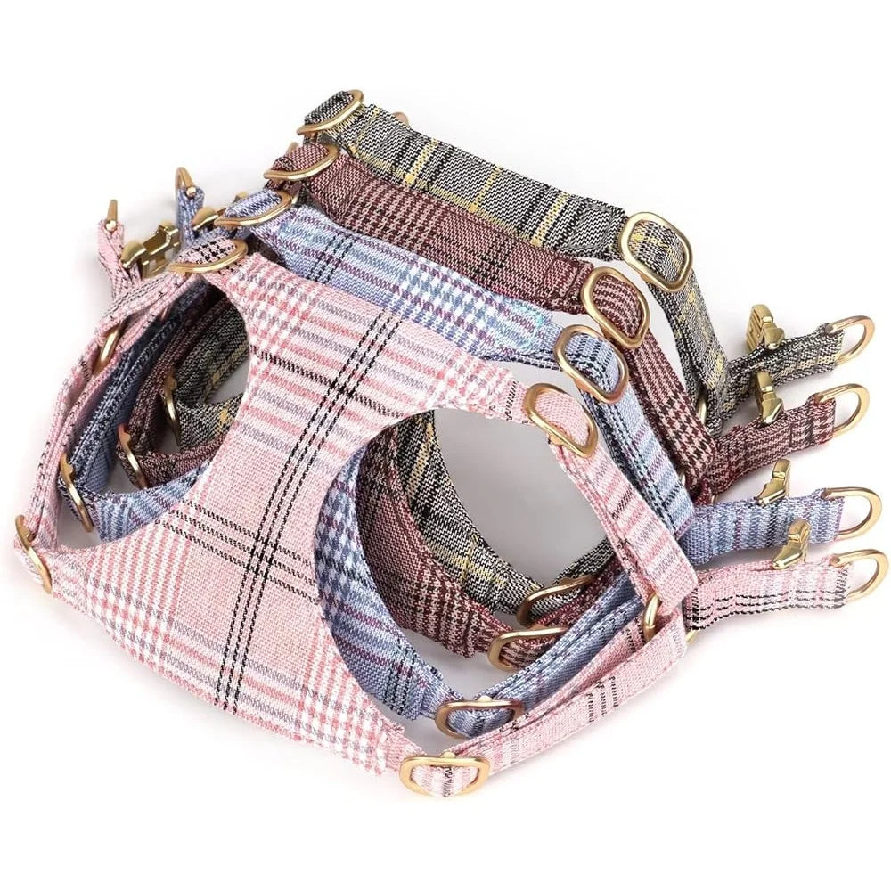 Fujian Cute Small Dog Harness Set Plaid Leash Bowtie