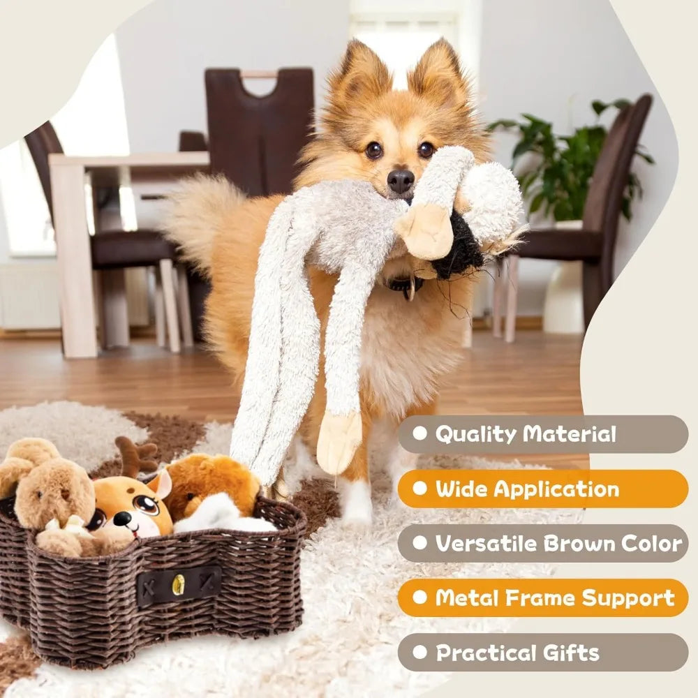 Bone Shaped Dog Toy Basket With Lid Natural Wicker Organizer