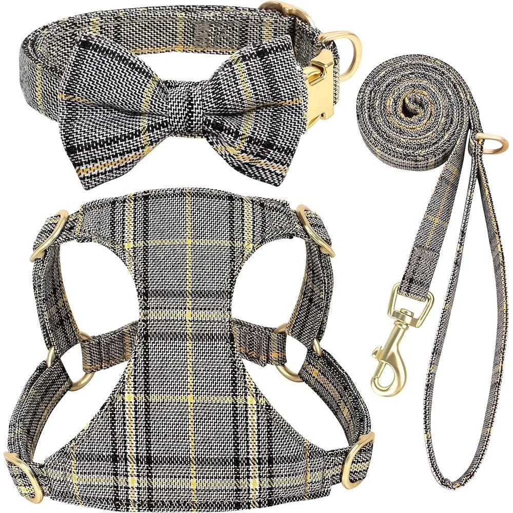 Fujian Cute Small Dog Harness Set Plaid Leash Bowtie
