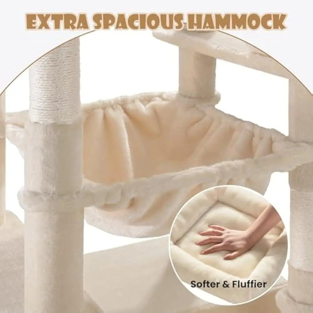 Premium Hyperdurable Cat Tree Tower Incorporating Extrawide Hammock Reinforced Posts