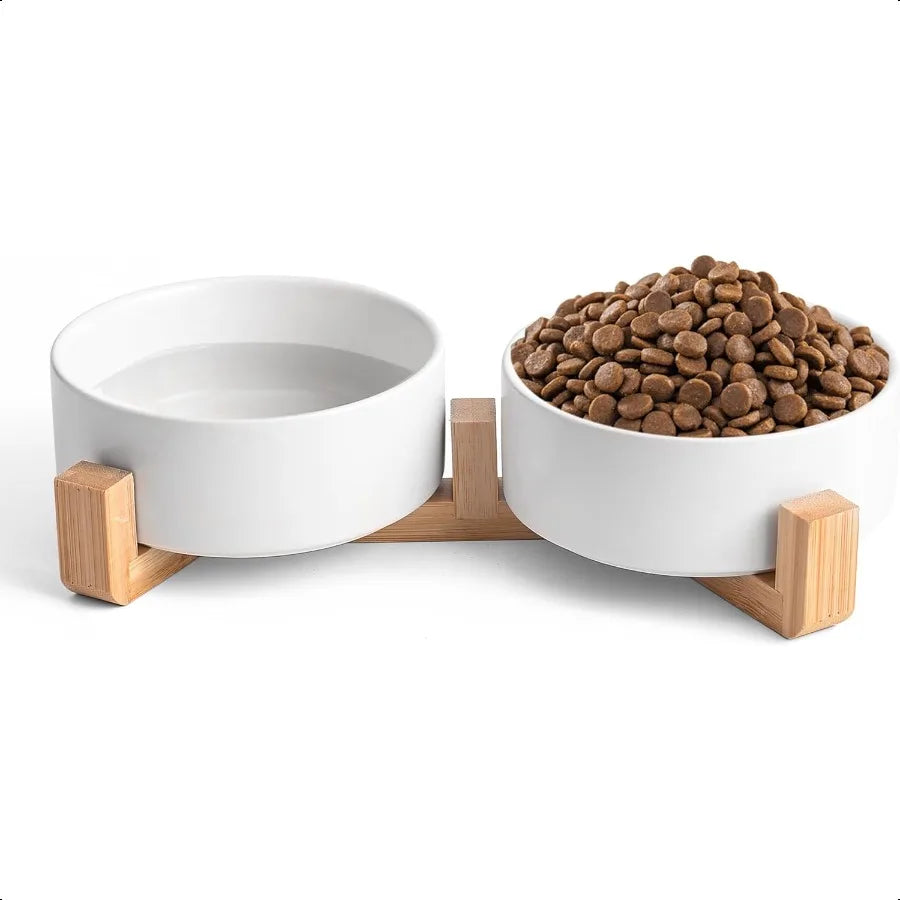 Hign-concerned Elevated Dog Cat Bowl Set Wooden Stand