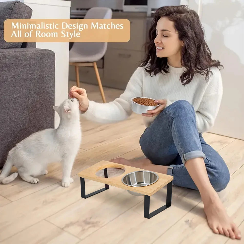 Petravel Elevated Cat Bowls 15 Degree Tilt Wooden Stand
