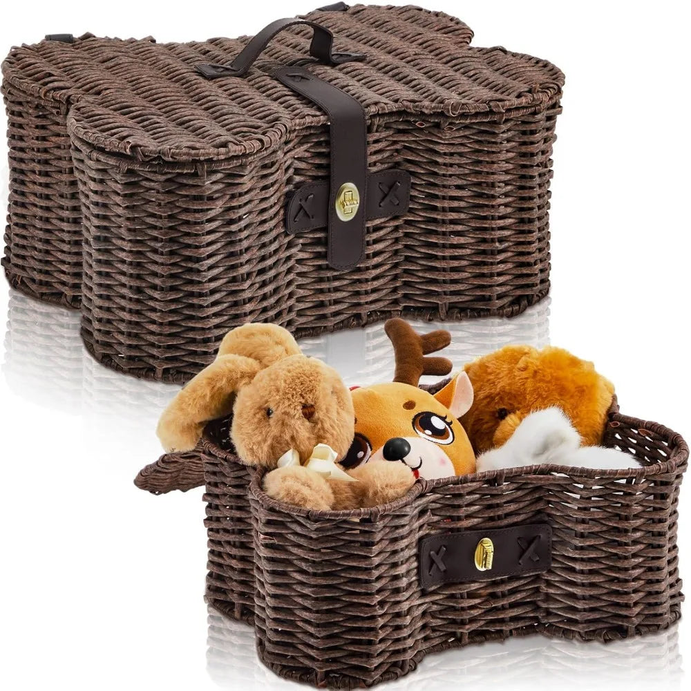 Bone Shaped Dog Toy Basket With Lid Natural Wicker Organizer