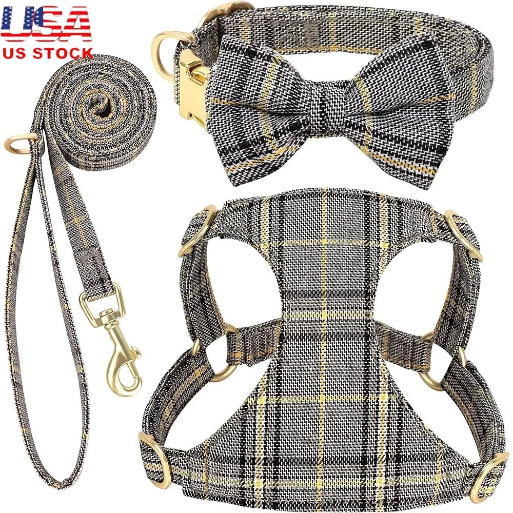Fujian Cute Small Dog Harness Set Plaid Leash Bowtie