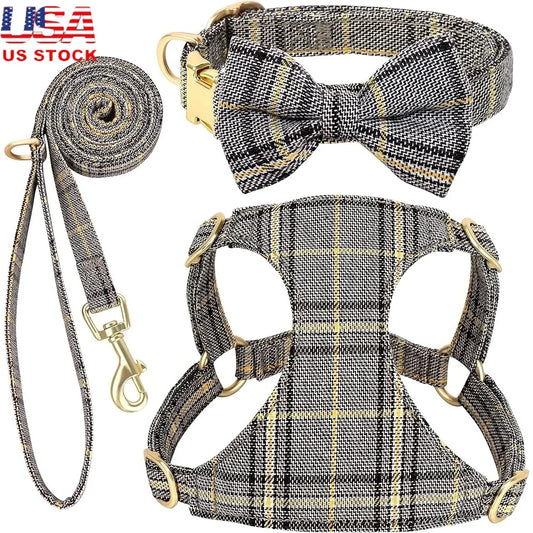 Fujian Cute Small Dog Harness Set Plaid Leash Bowtie