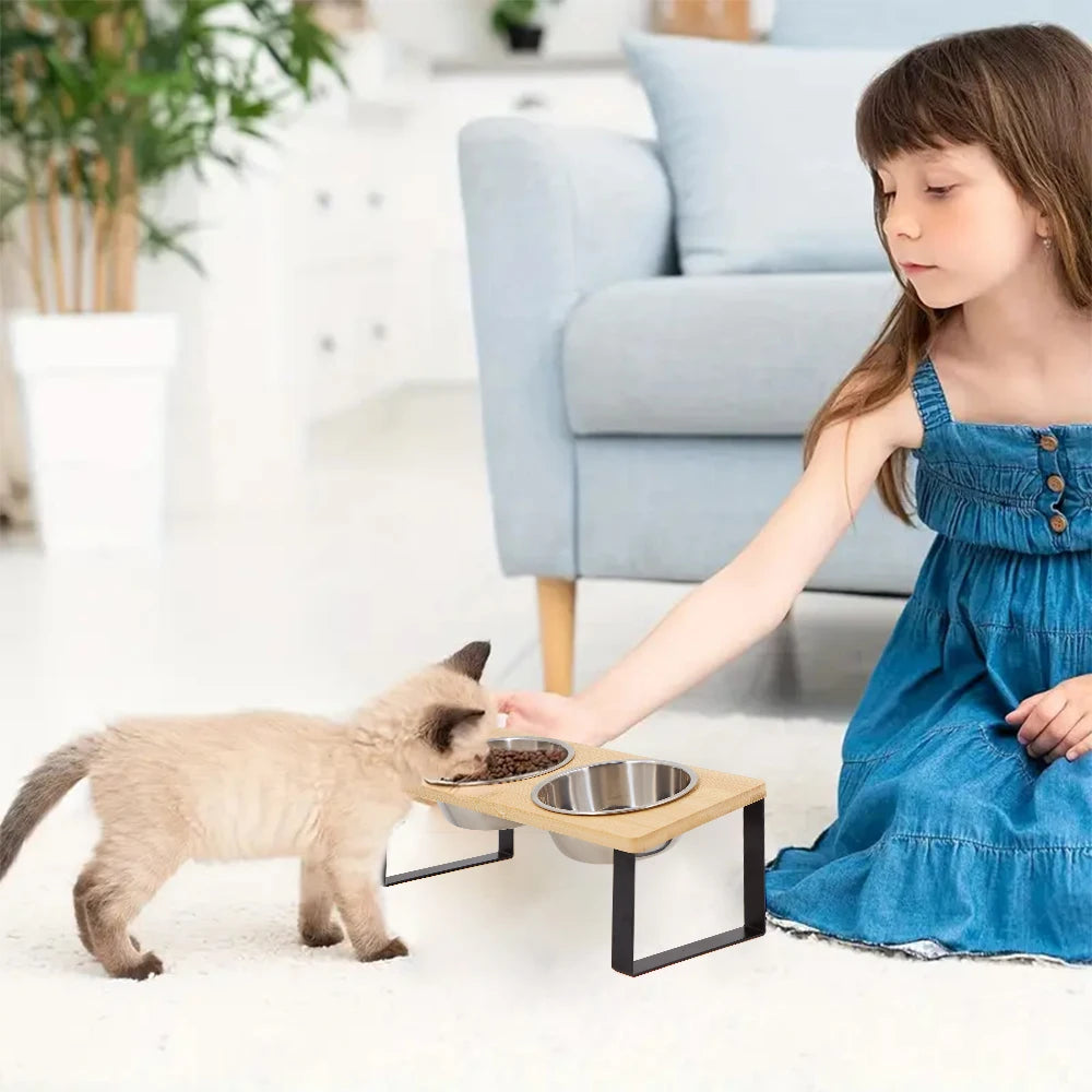 Petravel Elevated Cat Bowls 15 Degree Tilt Wooden Stand