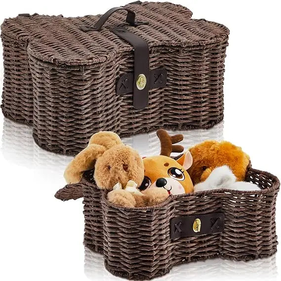 Bone Shaped Dog Toy Basket With Lid Natural Wicker Organizer