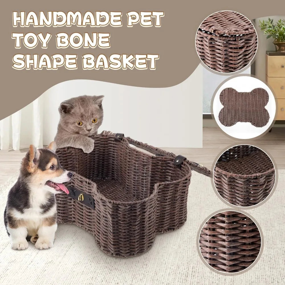 Bone Shaped Dog Toy Basket With Lid Natural Wicker Organizer