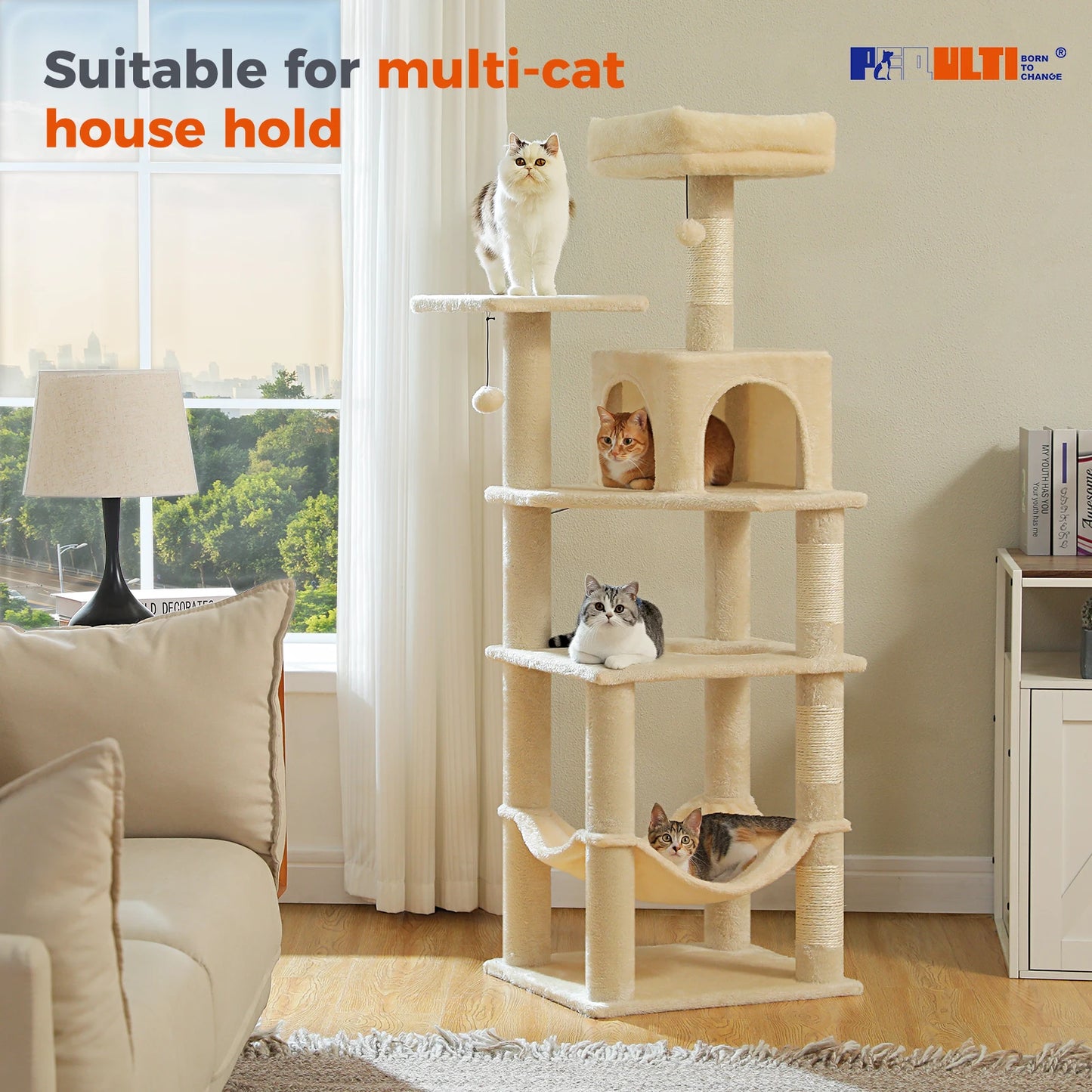 PEQULTICN Multi Level Cat Tree Tower With Private Condo Top Perches Hammock Natural Sisal Posts