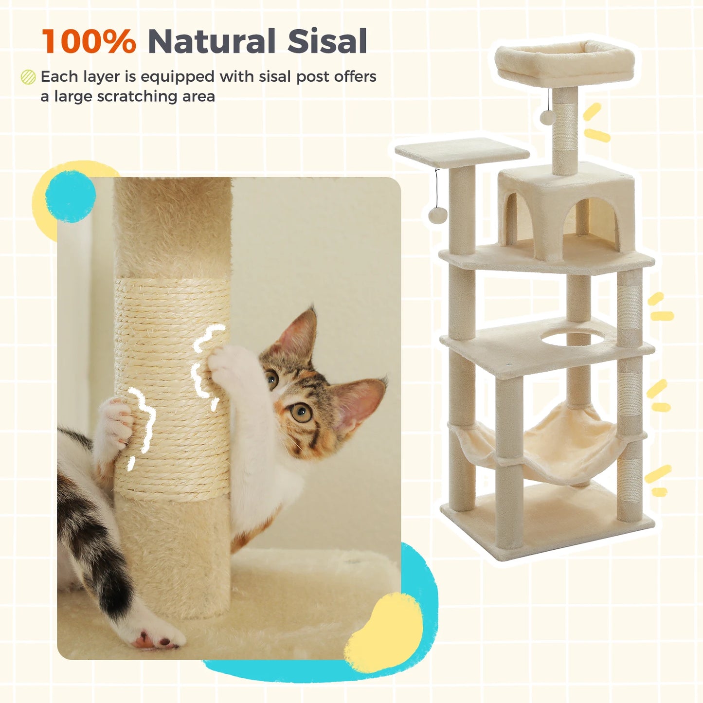 PEQULTICN Multi Level Cat Tree Tower With Private Condo Top Perches Hammock Natural Sisal Posts