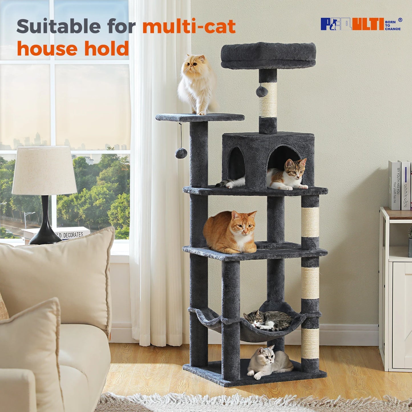 PEQULTICN Multi Level Cat Tree Tower With Private Condo Top Perches Hammock Natural Sisal Posts