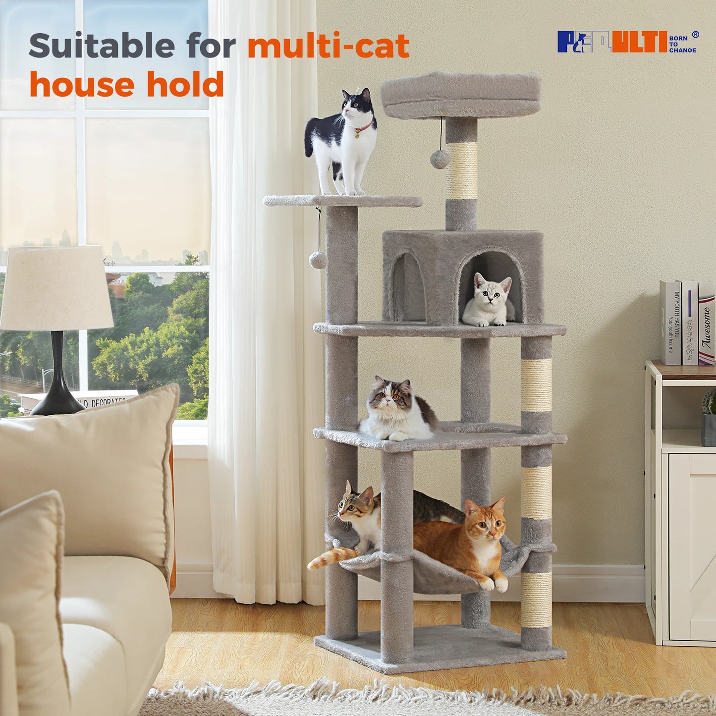 PEQULTICN Multi Level Cat Tree Tower With Private Condo Top Perches Hammock Natural Sisal Posts