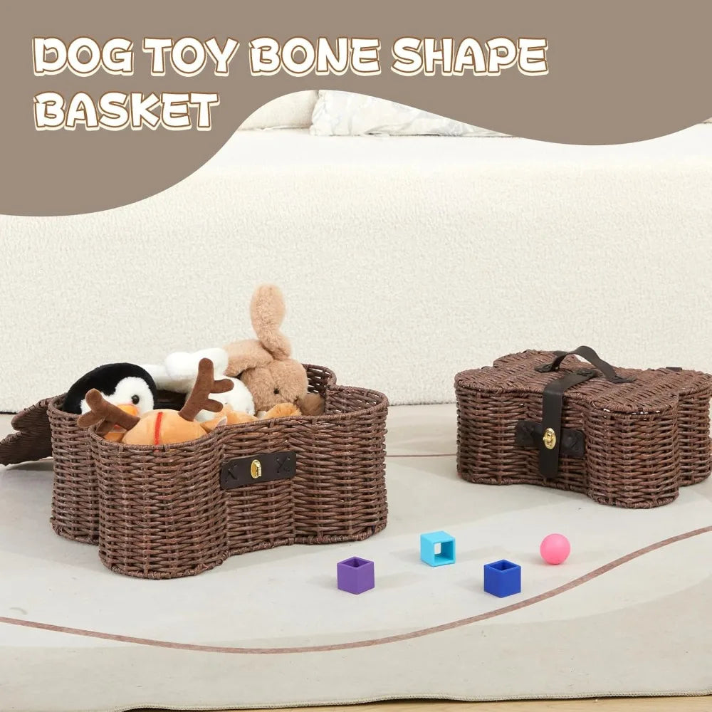 Bone Shaped Dog Toy Basket With Lid Natural Wicker Organizer