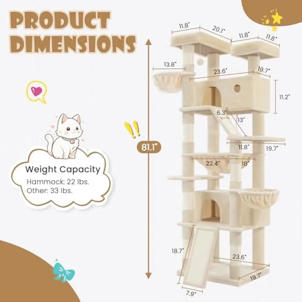 Premium Hyperdurable Cat Tree Tower Incorporating Extrawide Hammock Reinforced Posts