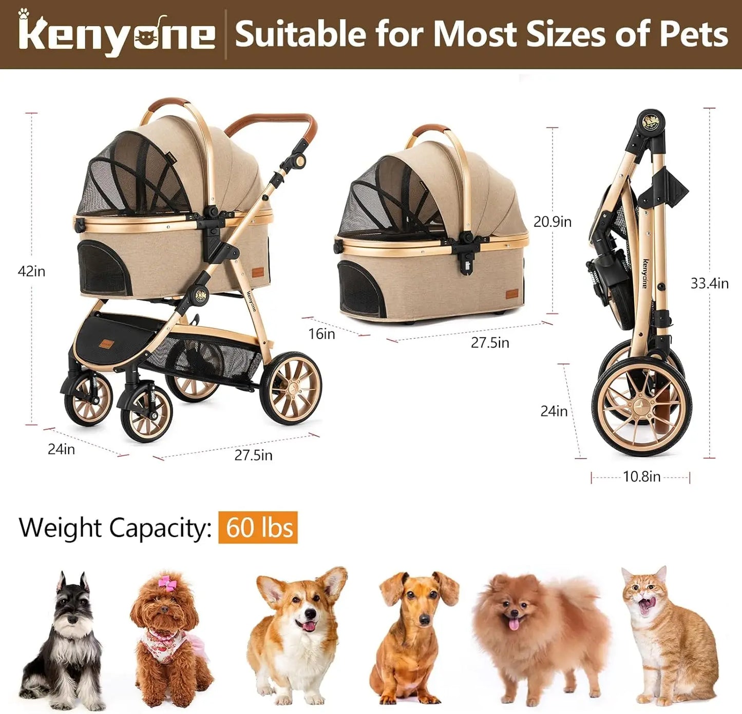 XMSJ 3 In 1 Pet Stroller For Small Dogs And Cats Luxury