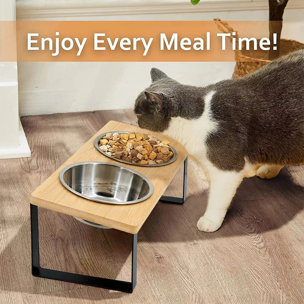 Petravel Elevated Cat Bowls 15 Degree Tilt Wooden Stand